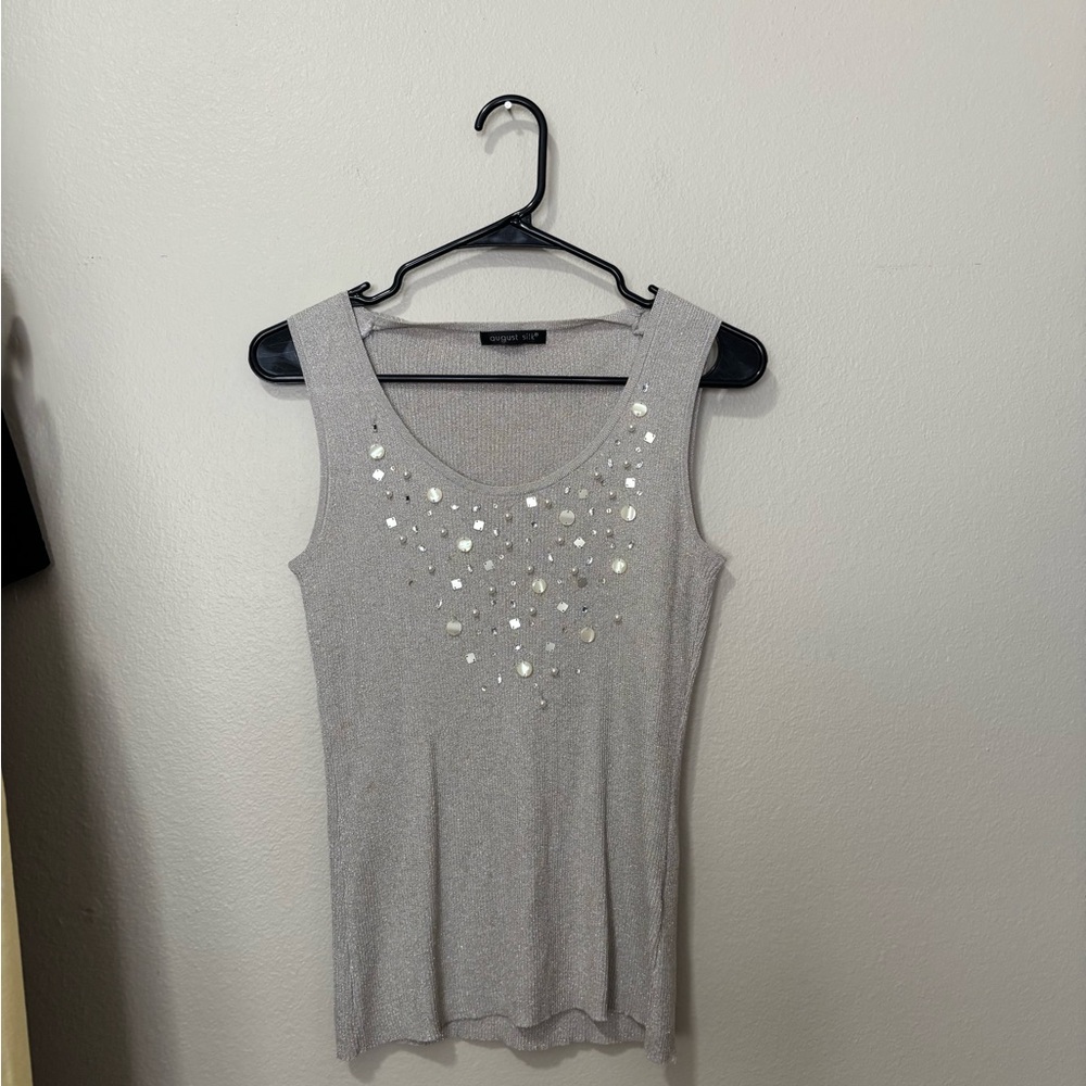 Embellished Metallic Silver Sleeveless Tank Top
